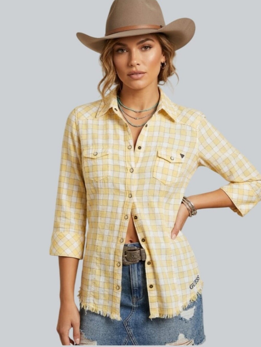 Guess Plaid Western Button-Down Shirt Embroider Raw Frayed Hem Vintage Y2K Rare